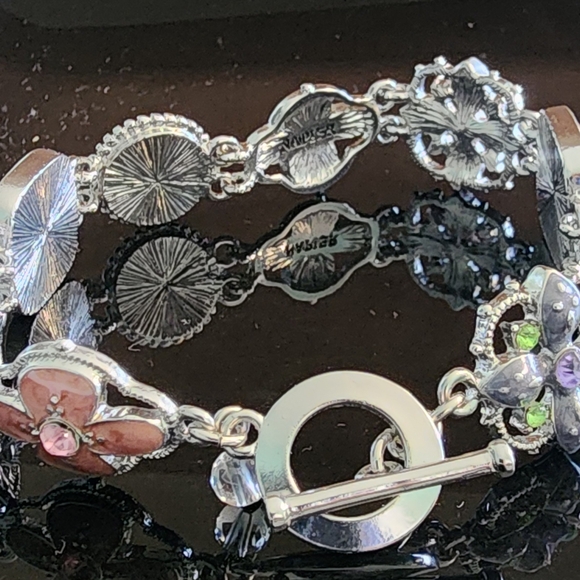 Napier Silver and Turquoise Floral Enamel Rhinestone Bracelet Designer Jewelry - Picture 5 of 10